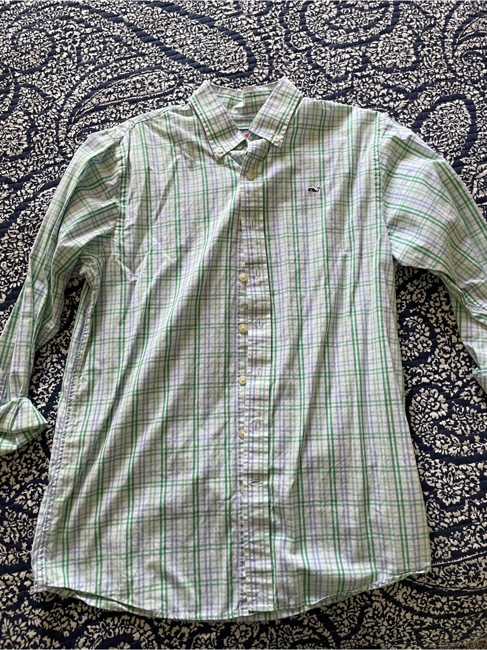 Vineyard Vines Green and White Plaid Button-Down Shirt